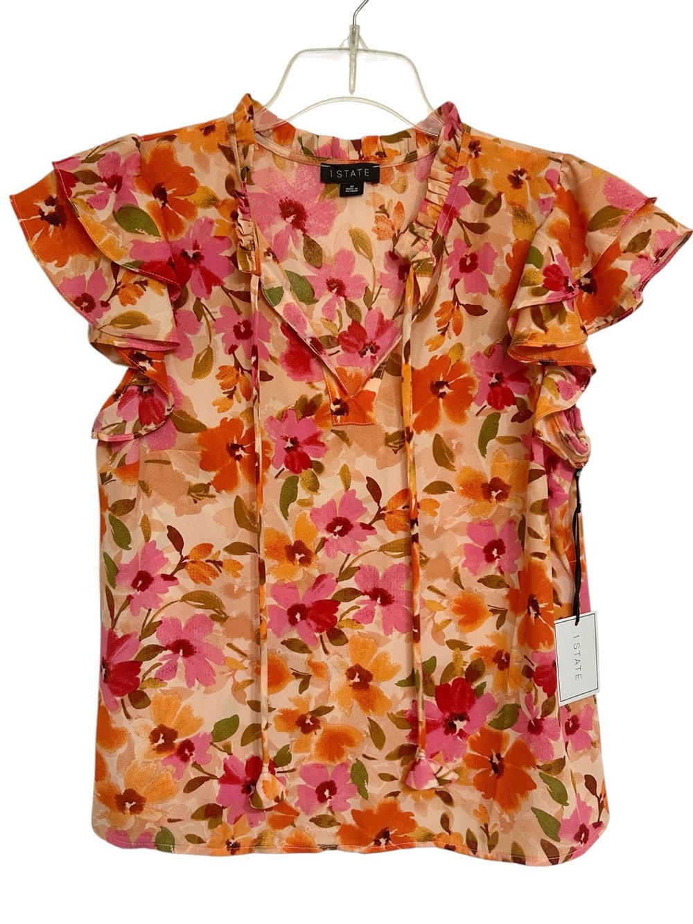 1.STATE Floral Ruffle Cap Sleeve V Neck Blouse Size Medium